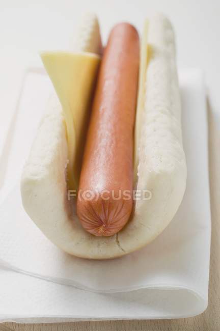 Cachorro quente com queijo em guardanapo de papel — Fotografia de Stock