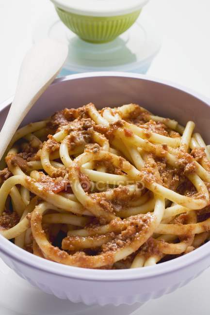 Fresh Macaroni with mince sauce — Stock Photo