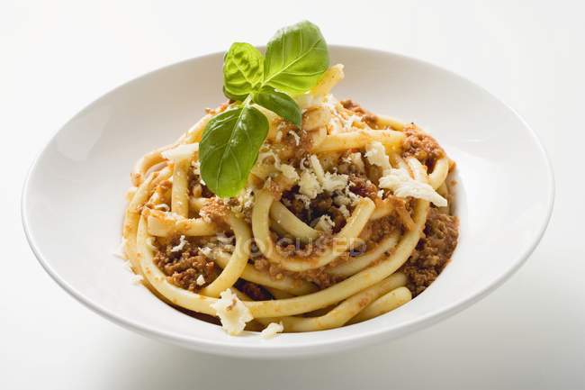 Macaroni with mince sauce and Parmesan — Stock Photo