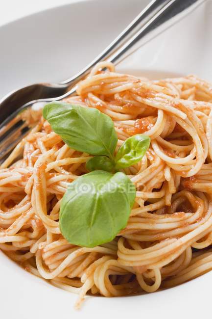 Spaghetti mit Tomatensauce und Basilikum — Stockfoto