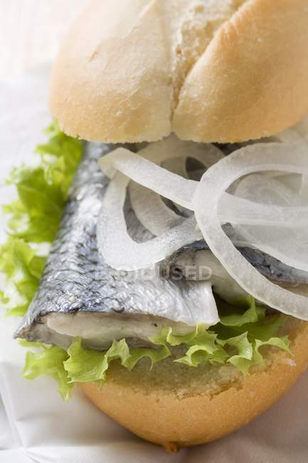 Bread roll filled with herring — Stock Photo