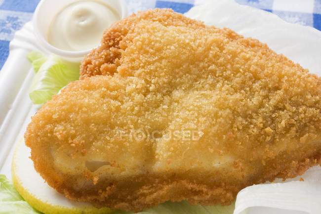 Breaded fish fillet with mayonnaise — Stock Photo