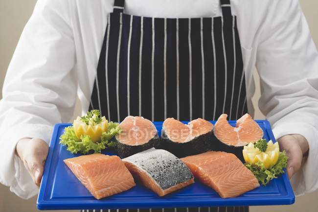 Tray of salmon pieces — Stock Photo