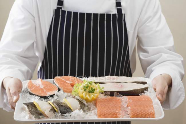 Tray of salmon and sea bass pieces — Stock Photo