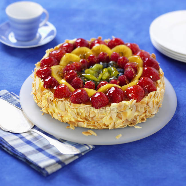 Closeup view of mixed fruit Gateau cake on plate — Stock Photo