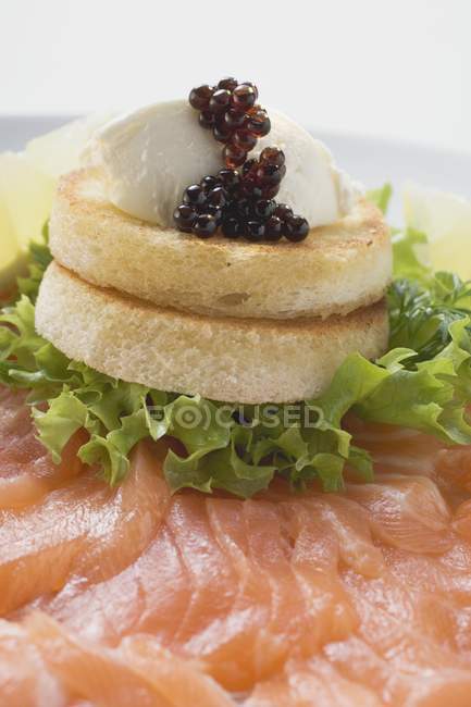 Queso y caviar sobre tostadas sobre salmón - foto de stock