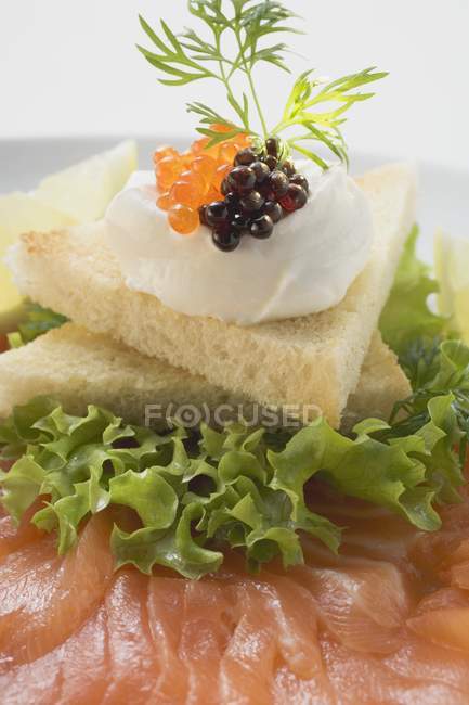 Fromage et caviar sur pain grillé au saumon — Photo de stock