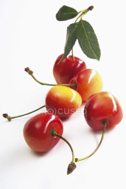 Cinco cerejas doces vermelhas e amarelas — Fotografia de Stock
