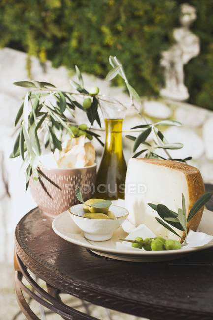 Olives with cheese, crackers and olive oil — Stock Photo