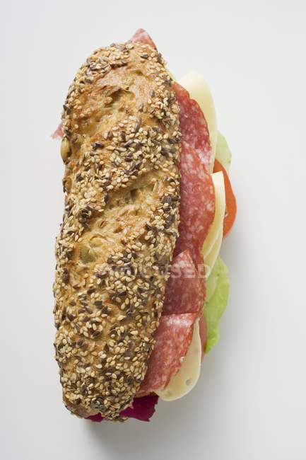 Granary roll filled with salami — Stock Photo
