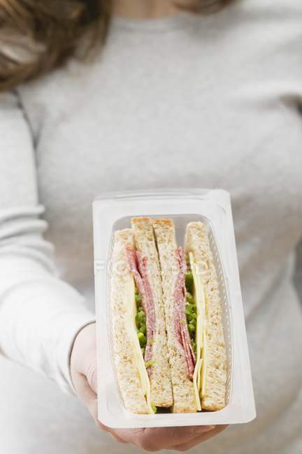 Обрізаний вид жінки, що тримає бутерброди — стокове фото