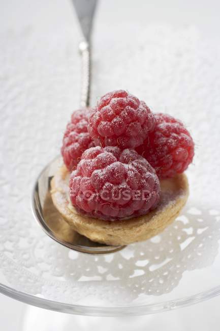 Raspberry tart on spoon — Stock Photo