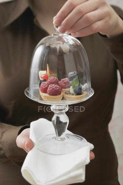 Closeup cropped view of woman holding assorted berry tarts under glass serving dome — Stock Photo