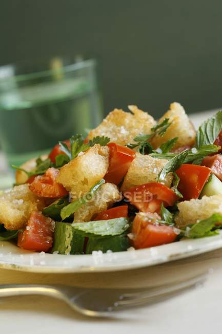 Fatush - Salade de pain frit sur assiette blanche à la fourchette — Photo de stock