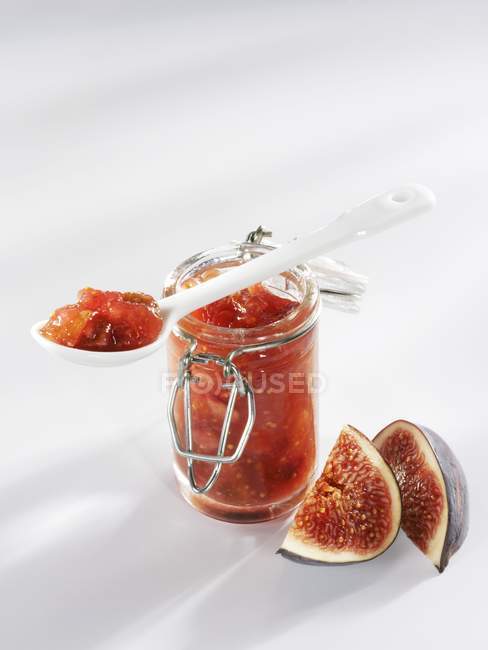 Fig jam in glass jar — Stock Photo