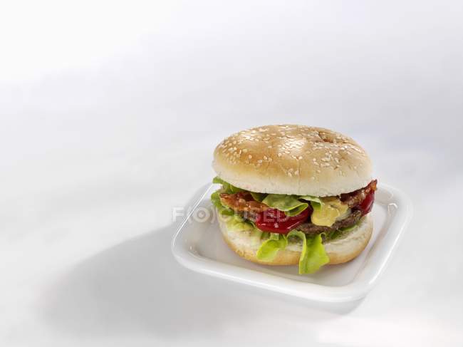 Hamburger on white plate — Stock Photo
