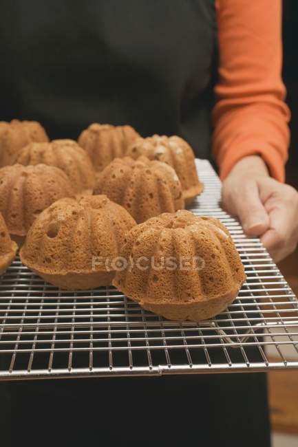 Mains tenant des gâteaux fraîchement cuits — Photo de stock