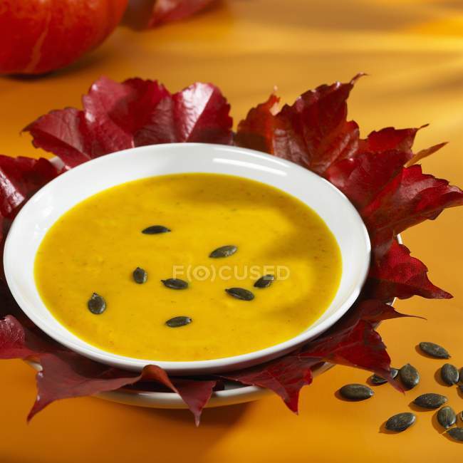 Pumpkin soup with pumpkin seeds — Stock Photo