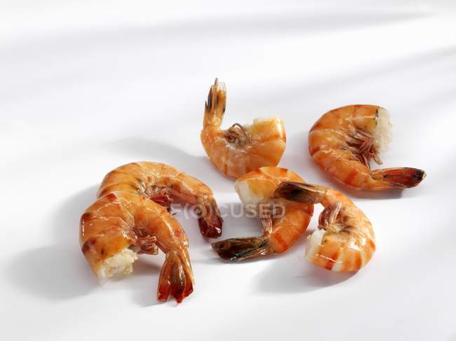 Vista de cerca de las colas de camarón en la superficie blanca - foto de stock
