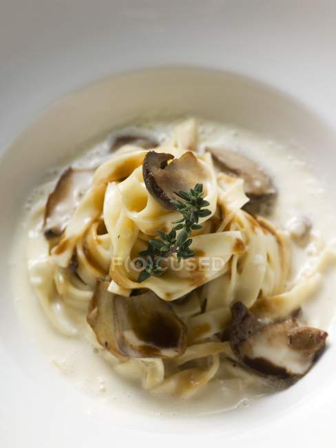 Ribbon pasta with ceps and sauce — Stock Photo