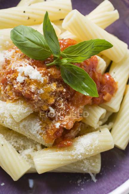 Rigatoni pasta con salsa y parmesano - foto de stock