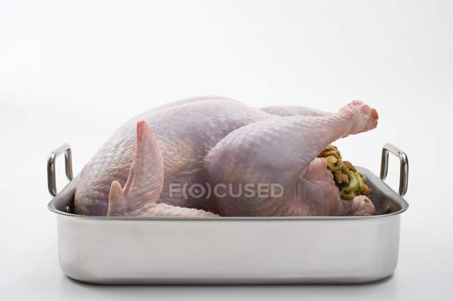 Raw stuffed turkey in roasting tin — Stock Photo