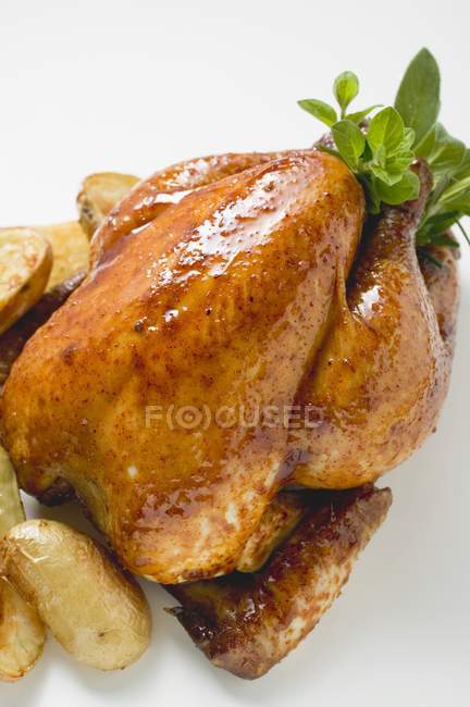 Roasted chicken with baked potatoes — Stock Photo