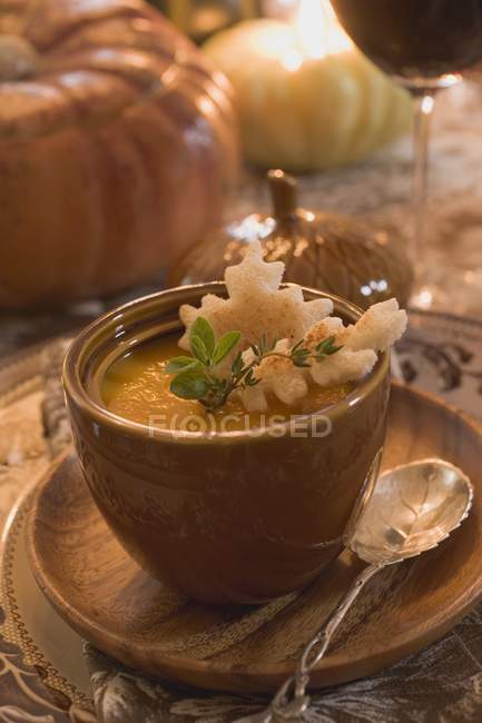 Vista close-up de sopa de abóbora com biscoito e erva — Fotografia de Stock