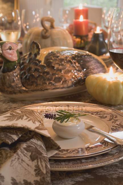 Festive place setting with butter for Thanksgiving — Stock Photo