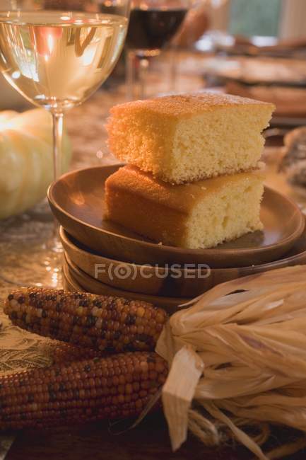 Cornbread on table laid for Thanksgiving — Stock Photo