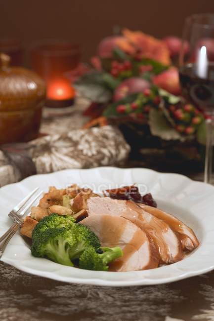 Closeup view of turkey breast with broccoli and sauce for Thanksgiving — Stock Photo