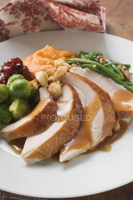 Turkey breast and mashed sweet potatoes — Stock Photo