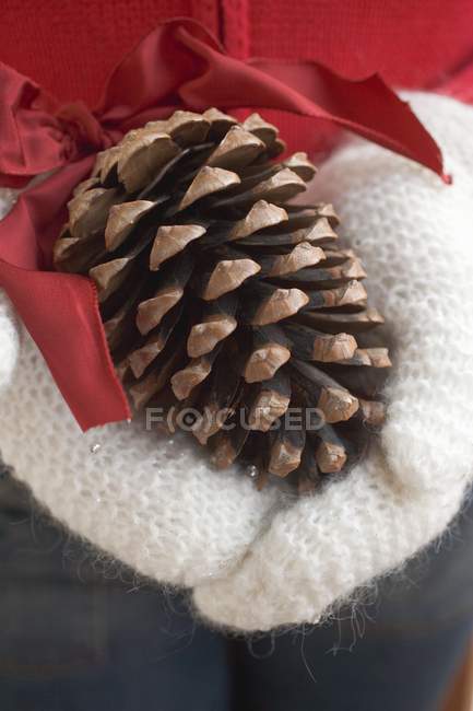 Closeup view of hands in mittens holding cone with red bow — Stock Photo