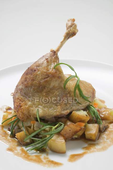 Жареная гусиная нога на овощах на белой тарелке — стоковое фото