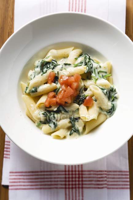 Rigatoni pasta with spinach and cream sauce — Stock Photo