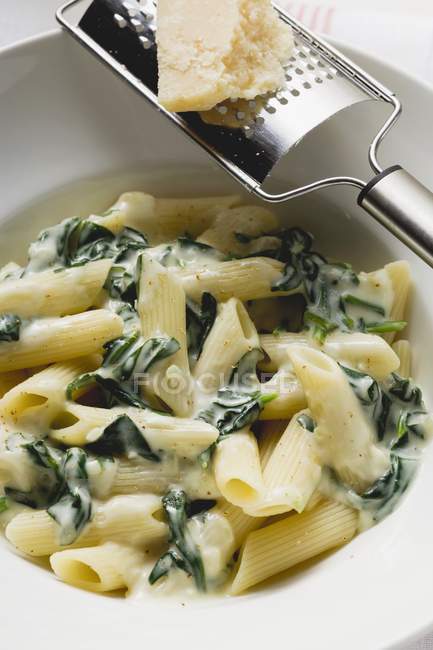 Rigatoni with spinach and cream sauce — Stock Photo