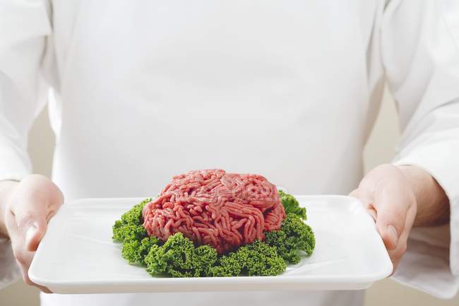 Chef holding Mince with parsley — Stock Photo
