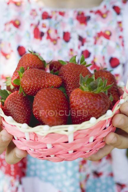 Kind hält Korb mit Erdbeeren — Stockfoto