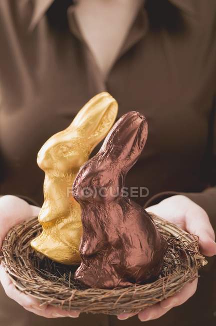 Femme tenant des lapins de Pâques — Photo de stock