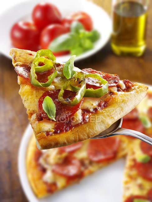 Fetta di pizza al salame piccante — Foto stock