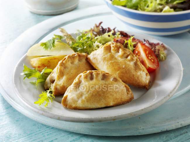Closeup view of pasties with salad on plate — Stock Photo