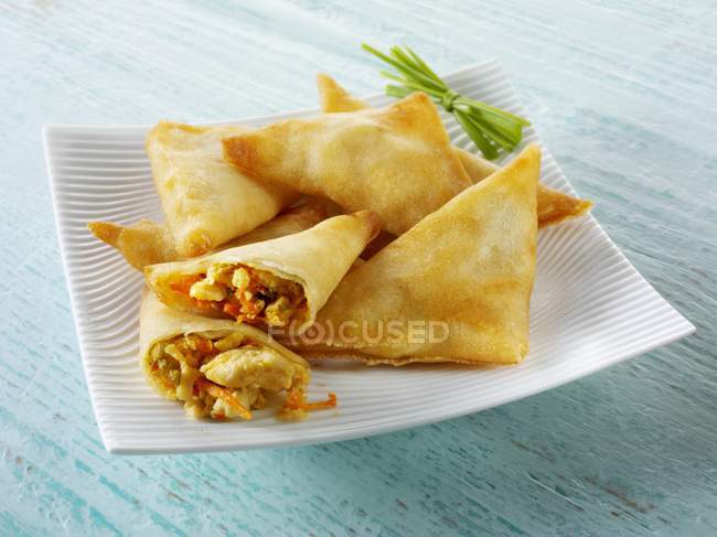 Spring rolls with ties chives on white plate — Stock Photo