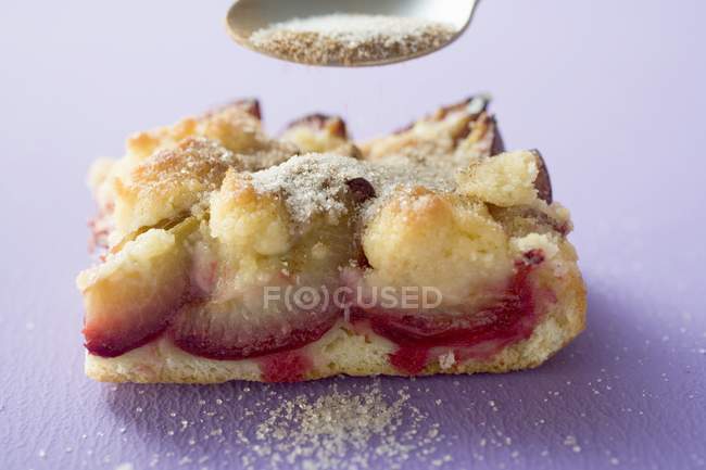 Sprinkling piece of plum cake — Stock Photo