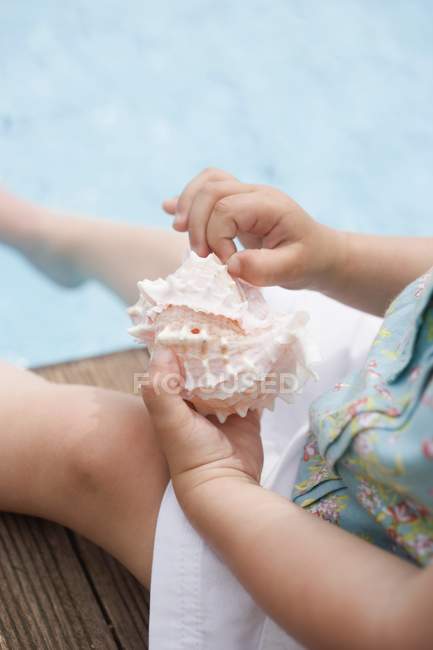 Обрезанный вид ребенка, держащего морскую раковину на краю бассейна — стоковое фото