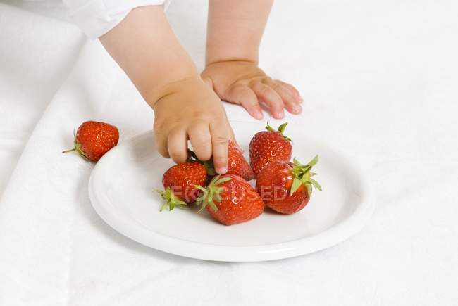 Діти руки, торкаючись полуниці — стокове фото