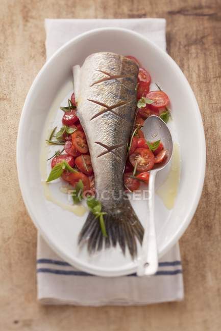 Gebratener Fisch auf Tomatenbett — Stockfoto
