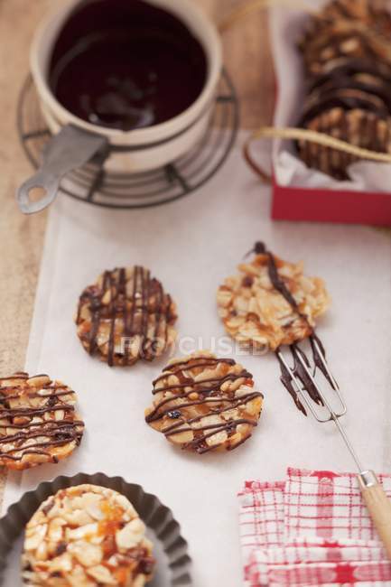 Closeup view of Florentines decorated with chocolate icing — Stock Photo