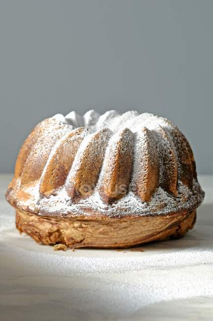 Vista close-up de gugelhupf marmoreado com açúcar de confeiteiro — Fotografia de Stock