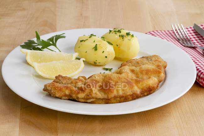 Paniertes Kalbsschnitzel mit Petersilienkartoffeln — Stockfoto