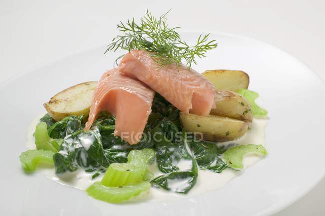 Salmon fillet with spinach and potatoes — Stock Photo